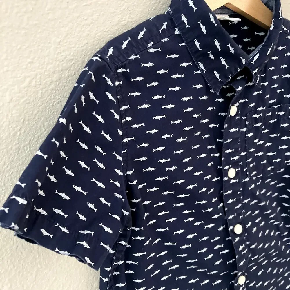 Gymboree Short Sleeve Button Front Oxford - Sharks Fish - Navy Blue - 5T